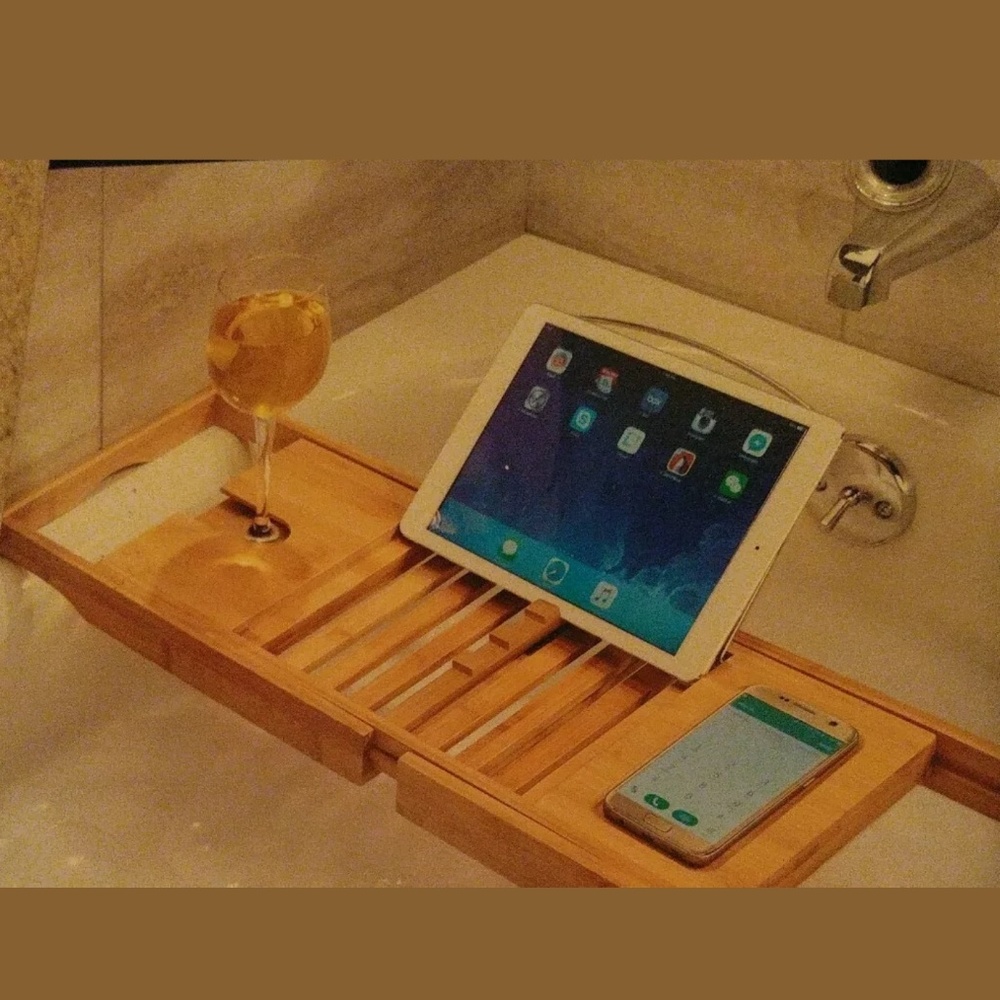 Bamboo Bathtub Caddy wine and book holder